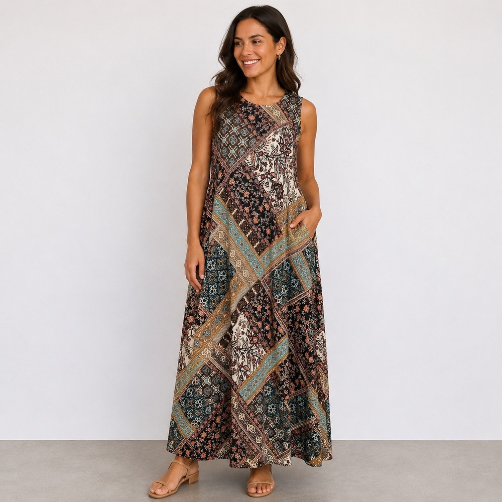 J. Jill Maxi Dress Women L Multi Color Patchwork Floral Sleeveless Stretchy Boho